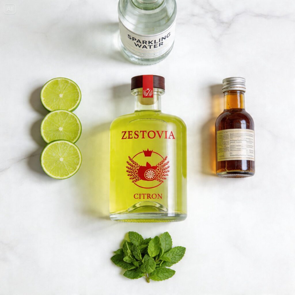 Ingrédients du cocktail vodka citron : Zestovia Citron, citron vert et menthe